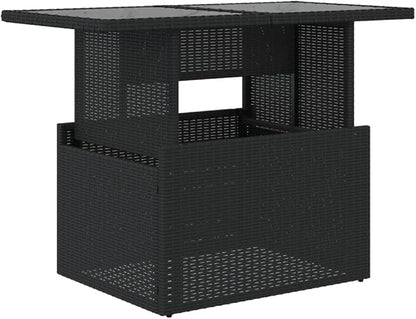 Adjustable Height Garden Table Black Poly Rattan Tempered Glass Top Powder-Coated Steel Frame Rectangular Outdoor Patio Furniture for Terrace Garden