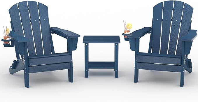 Folding Adirondack Chair Set of 2 with Side Table, All-Weather HDPE Outdoor Chair, Wooden Textured with Cup Holder for patios, Decks, Gardens, fire pits, Navy Blue