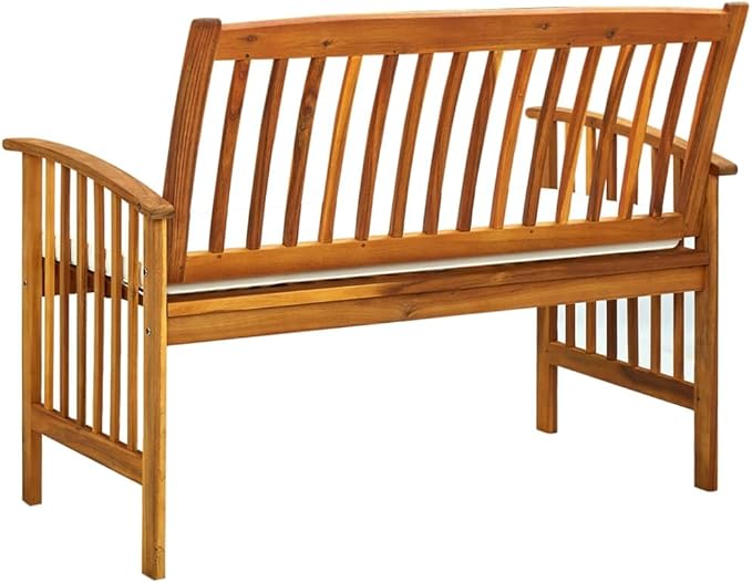 2-Seater Rustic Garden Bench with Cream White Cushion and Wood Tone Finish, Solid Acacia Wood Outdoor Furniture for Patio and Balcony, Durable Comfortable Seating
