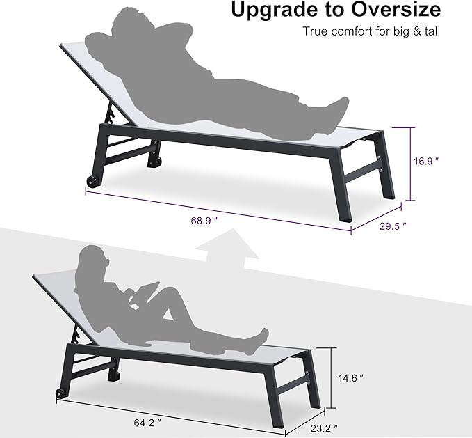 PURPLE LEAF Outdoor Chaise Lounge Set for 2 Oversized Pool Lounge Chairs with Easy-to-Move Wheels and Adjustable Backrest Extra Large Patio Loungers for Poolside Deck Beach Yard Table Included, Linen