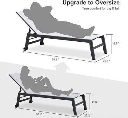PURPLE LEAF 6-Piece Outdoor Chaise Lounge Oversized Pool Lounge Chairs with Easy-to-Move Wheels and Adjustable Backrest Extra Large Patio Loungers for Poolside Deck Beach Yard Table Included, Linen