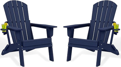 Folding Adirondack Chair Set of 2，Wooden Textured Fire Pit Chair with Cup Holder, Heavy All-Weather HDPE Plastic Outdoor Patio Chairs for Poolside Backyard Patio Outdoor Garden
