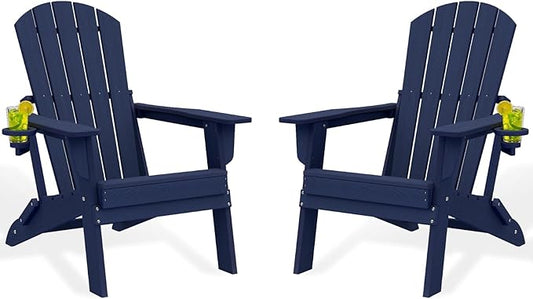 Folding Adirondack Chair Set of 2，Wooden Textured Fire Pit Chair with Cup Holder, Heavy All-Weather HDPE Plastic Outdoor Patio Chairs for Poolside Backyard Patio Outdoor Garden