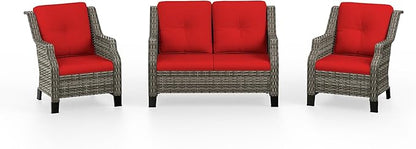 3 Piece Patio Furniture Set, 2-Seater Loveseat and 2 Chairs, Rattan Conversation Set with Deep Seating and Olefin Cushions, for Outdoors, Backyard, Porch, Deck, Garden, Red