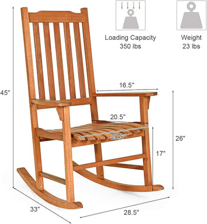 Giantex Porch Rocking Chair Outdoor and Indoor Use, Solid Eucalyptus Wood Rocker with Natural Finish, Front Porch Chairs for Patio Deck Garden, Wooden Rocking Adirondack Chair Set