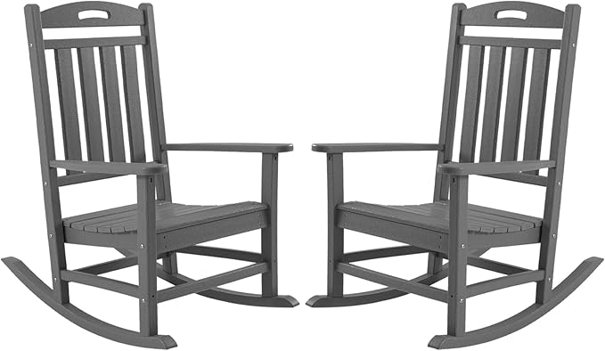 Outdoor Rocking Chair Set of 2, High Back HDPE Patio Chair, All Weather Porch Rocker, Lawn Chair for Deck, Porch, Backyard, Garden, Gray