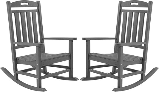 Outdoor Rocking Chair Set of 2, High Back HDPE Patio Chair, All Weather Porch Rocker, Lawn Chair for Deck, Porch, Backyard, Garden, Gray