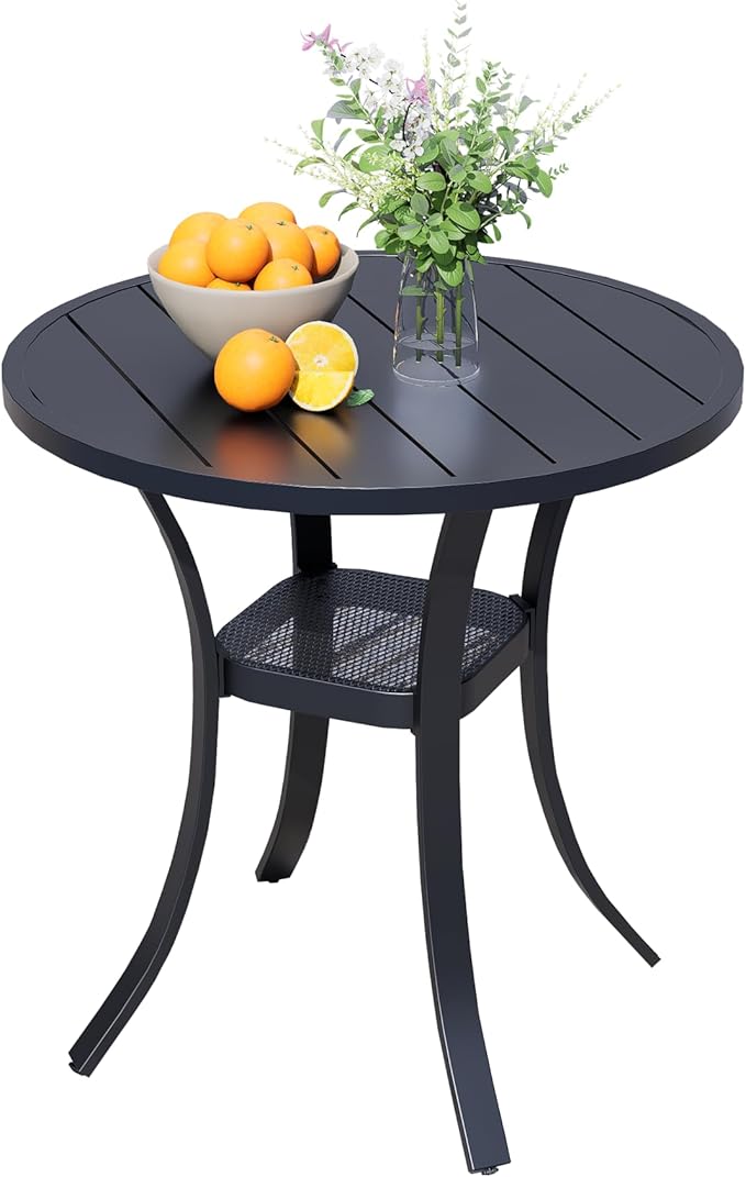 27.5'' Outdoor Patio Table with Storage Shelf, Heavy Duty 400lbs Capacity Round Metal Garden Table, All-Weather Black Tabletop for Deck, Balcony, Bistro, 2-4 Person