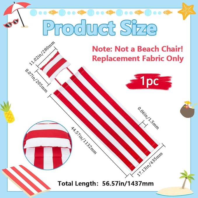 GORGECRAFT Replacement Beach Sling Chair Cloth with Pillow Folding Lounge Deck Chair Cloth 44x17 Inch Red White Stripes Sling Chairs Canvas for Patio Outdoor Sunbathing Garden Courtyard