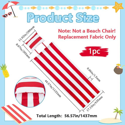GORGECRAFT Replacement Beach Sling Chair Cloth with Pillow Folding Lounge Deck Chair Cloth 44x17 Inch Red White Stripes Sling Chairs Canvas for Patio Outdoor Sunbathing Garden Courtyard