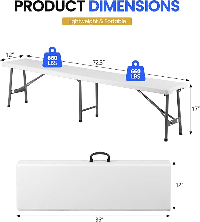 ZENY 6ft Plastic Folding Bench 2 Pack, Portable Outdoor Bench for Picnic Camping Dining Party Garden, Soccer Multipurpose Entertaining Activities, White