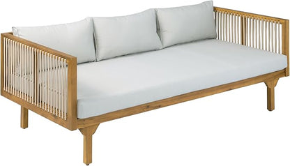 Merax Outdoor Acacia Wood Conversation Set - Patio 3-Seat Loveseat Sofa w/Coushion and Round Coffee Table for Backyard, Lawn, Balcony, Water Repellent, 600 lbs Sofa Capacity, Teak +Light Gray