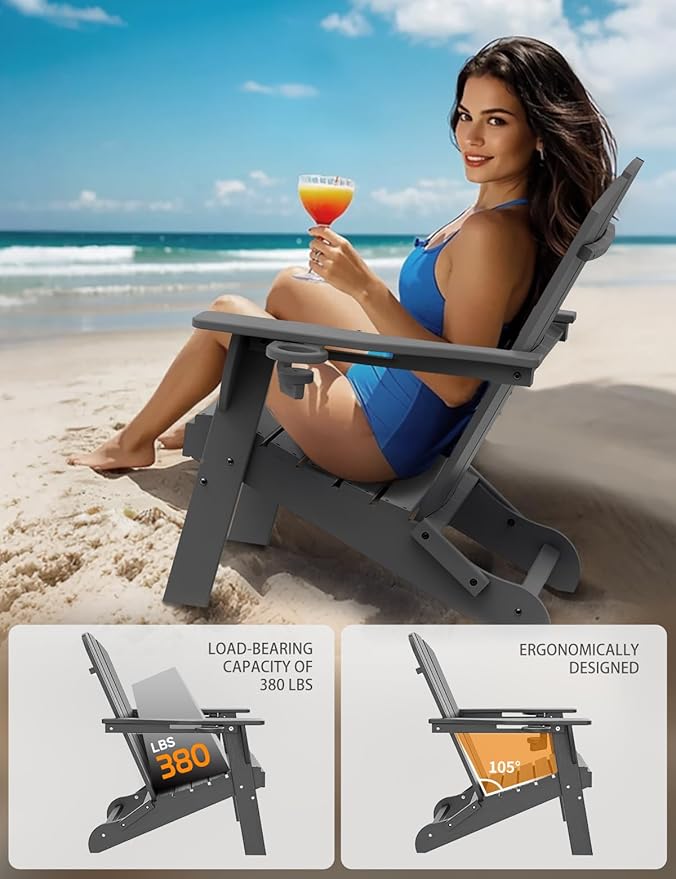 Folding Adirondack Chair Set of 2, Wooden Textured Plastic Adirondack Chairs with 2 Cup Holder, Weather Resistant HDPE Fire Pit Chair, Outdoor Patio Chairs for Garden, Backyard, Lawn, Deck, Grey