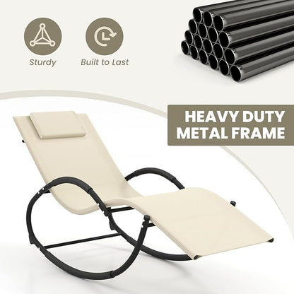 Giantex Outdoor Rocking Lounge Chair, Zero Gravity Rocking Chair with Removable Headrest, Breathable Backrest & Seat, Wrapped Armrests, Cozy Sun Lounger for Patio, Pool, Yard, Garden, Beige