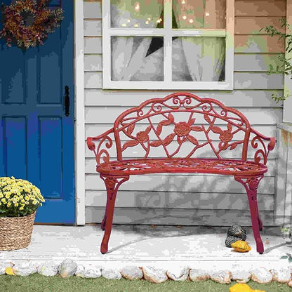 38.5” Outdoor Porch Bench with Hollow Rose Design,Elegant Garden Bench Park Bench for Backyard,Iron Bench with Arms (red)