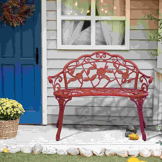 38.5” Outdoor Porch Bench with Hollow Rose Design,Elegant Garden Bench Park Bench for Backyard,Iron Bench with Arms (red)
