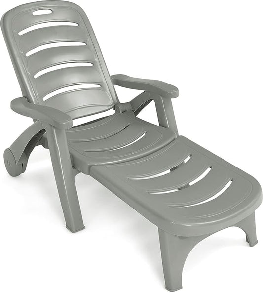 Giantex Patio Chaise Lounge Recliner on Wheels, Folding Deck Chair with Armrests, 5 Adjustable Positions for Poolside, Yard, Garden Rolling Outdoor Lounger Sunbathing Beach Chair(1, Gray)