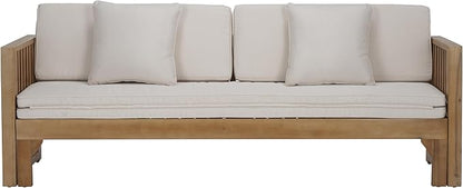 SAFAVIEH Outdoor Patio Furniture Collection - Napoli Oak Brown & Cream Solid Wood Bench Convertible Daybed with Cushions, Versatile Patio Seating (PAT6805B)