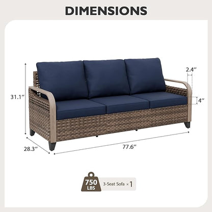 EAGLE PEAK Wicker Outdoor Patio Sofa Modern Rattan Patio Furniture Loveseat for Backyard Deck Porch Balcony, 3 Seat Couch, Brown/Blue