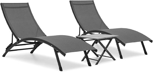Athena Collection Outdoor Chaise Lounge Set, Aluminum Frame Pool Lounge Chairs with 5-Level Adjustable Backrest and Folding Side Table, Breathable Sun Lounger for Poolside Patio Outdoor, Grey