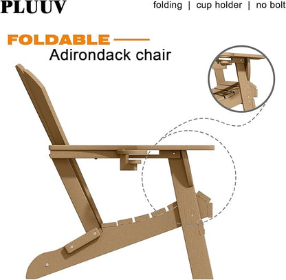 Folding Adirondack Chair with Cup Holders Set of 2, HDPE Plastic Outdoor Chairs, Weather Resistant, Real Wood Look for Patio, Deck, Fire Pit, Backyard, Brown