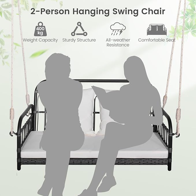 DORTALA 2-Person Porch Swing Outdoor, Patio Wicker Hanging Swing Bench with Cushions, Metal Frame, Ropes - Photo 2