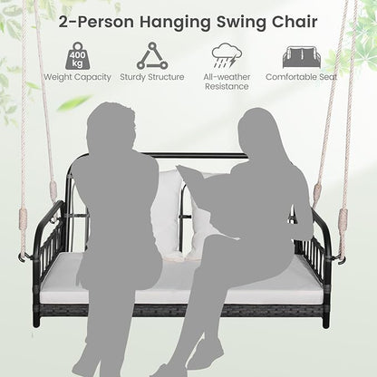 DORTALA 2-Person Porch Swing Outdoor, Patio Wicker Hanging Swing Bench with Cushions, Metal Frame, Ropes, 880 LBS Capacity, Rattan Swing Loveseat for Garden Poolside Backyard, Mix Grey+Off White