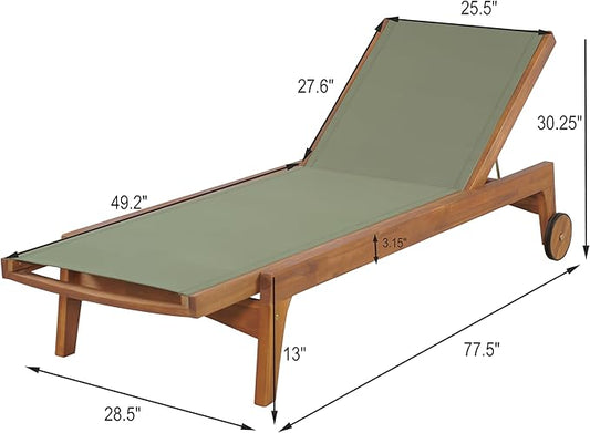 Christopher Knight Home Tristy Chaise Lounge Chair Outdoor, Acacia Wood Frame Sunbathing Pool Lounger, Adjustable Backrest Single Lounge Sofa, Patio Lounge Chaise for Poolside, Green + Natural