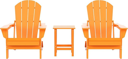 Costaelm 3 piece Patio Set, Outdoor Modern Adirondack Table and Chairs, All Weather Balcony Furniture Set Lounge Firepit Chairs for Outside Deck Garden Lawn Pool, Orange