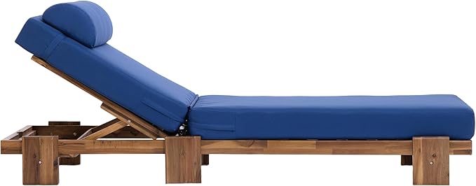 LUMISOL 78.8” Outdoor Patio Chaise Lounge Chair Set, Acacia Wood Adjustable Recliners with Headrest & Retractable Side Tray for Poolside, Garden, Bench, Coffee Table Not Include, Navy Blue