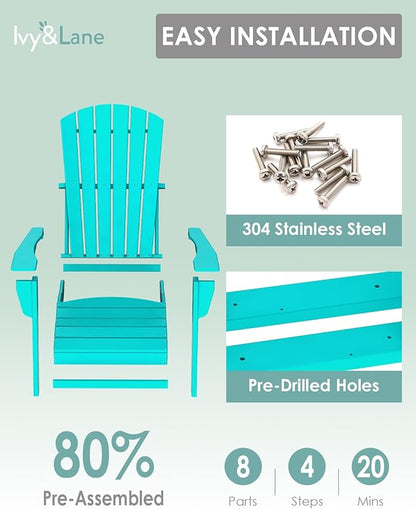 IVY&LANE Adirondack Chairs Set of 2 | HDPE Plastic | Outdoor Fire Pit Chairs | Oversized | All-Weather | Aqua | for Outside Deck Backyard Patio Poolside Porch Lawn