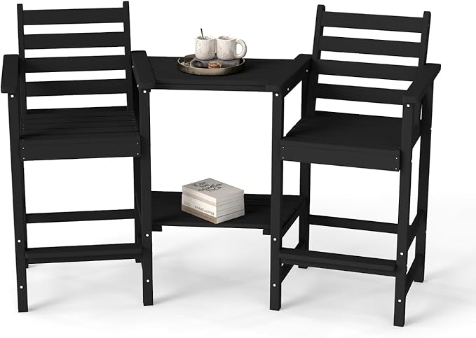 Tall Adirondack Chairs Set of 2, Bar Height HDPE Outdoor Chairs with Connecting Tray & Umbrella Hole, Balcony Patio Adirondack Chairs for Deck, Garden, Lawn,Black