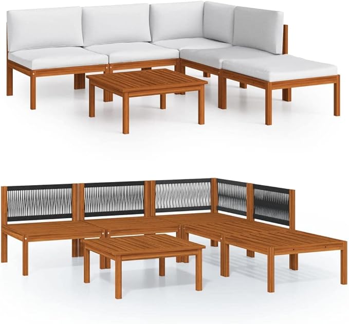 6-Piece Acacia Wood Garden Lounge Set with Cream Brown Cushions, Modular Outdoor Patio Furniture for Relaxing, Durable Weather-Resistant Seating Arrangement