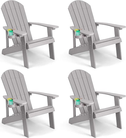 Adirondack Chairs Set of 4, All Weather Resistant Plastic Chairs with Cup Holder, 5 Easy Steps to Install, Outdoor Chairs for Patio, Garden, Backyard Deck, Lawn, Fire Pit - Grey