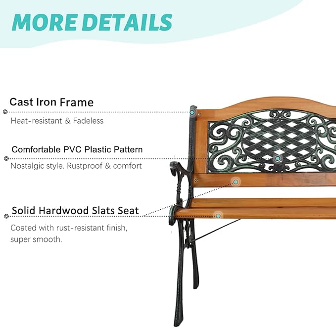 JOYBASE 50" Outdoor Patio Bench, Wood and Iron Garden Bench for Park Porch Outside Yard (Black&Natural)