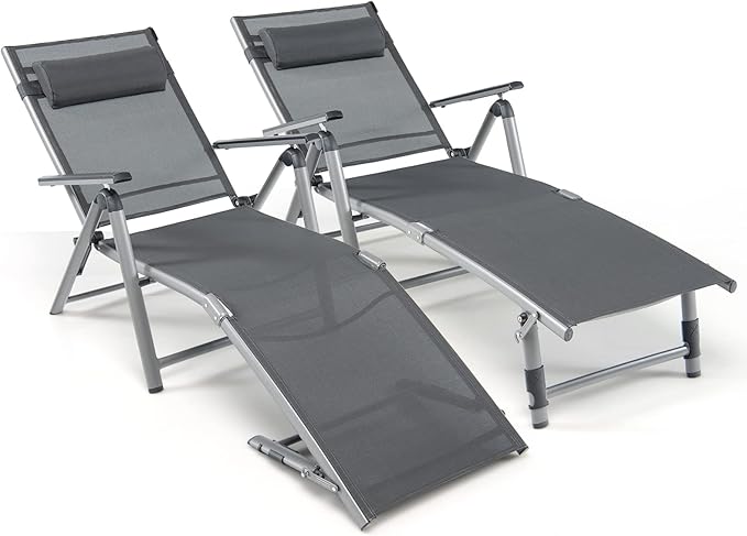 Giantex Outdoor Chaise Lounge Chair - Set of 2 Folding Lounge Chair w/ 8-Level Adjustable Backrests, Aluminum Frame, Cozy Headrest Pillow, Patio Recliner for Backyard Poolside Balcony (2, Gray)