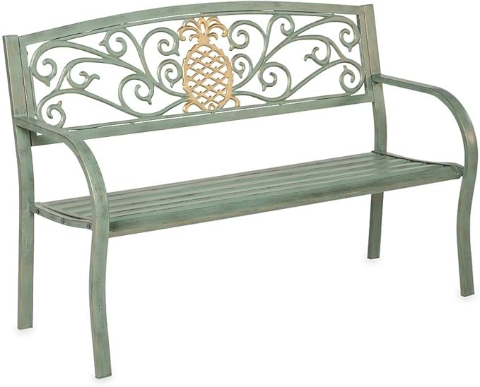 Plow & Hearth Weatherproof Pineapple Outdoor Bench | Holds Up to 300 lbs | Garden Patio Porch Park Deck | Metal | Green