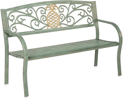 Plow & Hearth Weatherproof Pineapple Outdoor Bench | Holds Up to 300 lbs | Garden Patio Porch Park Deck | Metal | Green