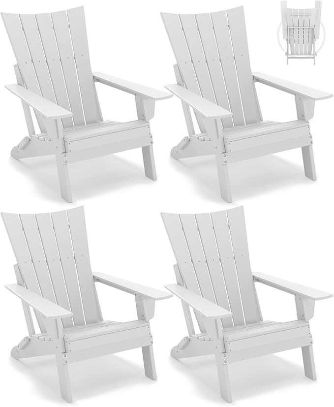 GREENVINES Folding-Adirondack-Chairs-Set-of-4 | HDPE Plastic | Arch Series | Fire Pit Chair | All Weather | for Outdoor Patio Deck Backyard Poolside | White