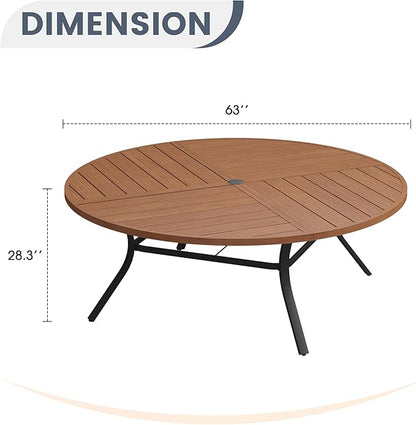 VICLLAX 63" Round Patio Dining Table for 8-10, All Weather Metal Outdoor Table with 1.57" Umbrella Hole and Surdy Frame for Garden Lawn Deck, Walnut