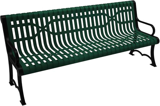 COATEDOUTDOORFURNITURE Coated Outdoor Furniture Heavy-Duty Outdoor Bench Thermoplastic Coated, Slated Steel, Commercial-Grade Garden Bench, Made in America (Portable with Back, 6 Ft, Textured Green)