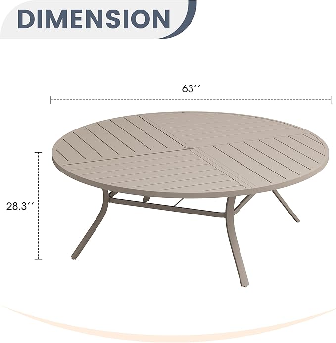 VICLLAX 63" Round Patio Dining Table for 8-10, All Weather Metal Outdoor Table with 1.57" Umbrella Hole and Surdy Frame for Garden Lawn Deck, Sandshell