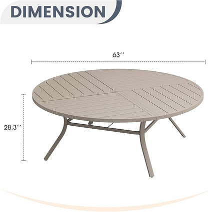 VICLLAX 63" Round Patio Dining Table for 8-10, All Weather Metal Outdoor Table with 1.57" Umbrella Hole and Surdy Frame for Garden Lawn Deck, Sandshell