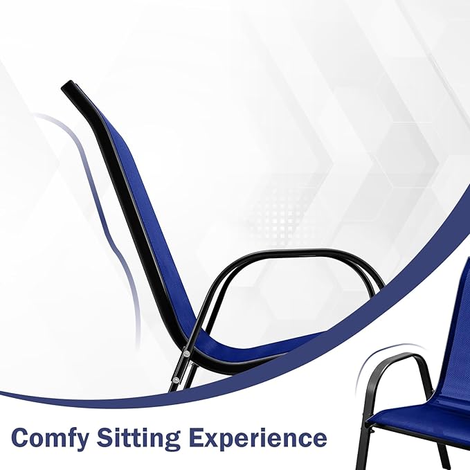 COSTWAY Patio Dining Chairs Set of 2, Stackable Outdoor Chairs with Armrest and High Back, Breathable Fabric & Metal Frame Chair for Garden Poolside Backyard Deck (Navy)