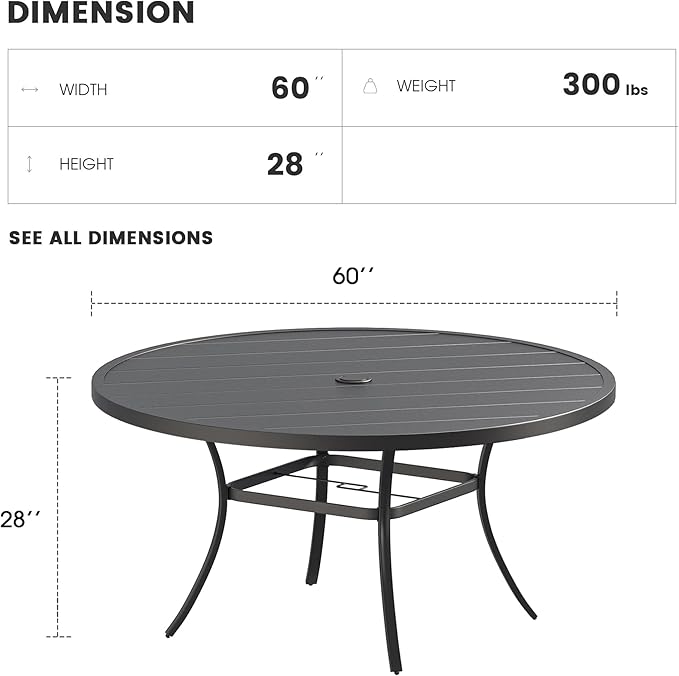 Patio Dining Table for 8-10, Round Metal Outdoor Table with 1.57" Umbrella Hole, 60" Outdoor Slat Tabletop Dining Table for Backyard, Porch, Lawn, Black