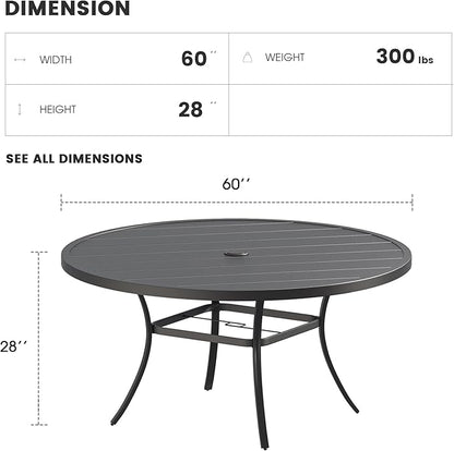 Patio Dining Table for 8-10, Round Metal Outdoor Table with 1.57" Umbrella Hole, 60" Outdoor Slat Tabletop Dining Table for Backyard, Porch, Lawn, Black