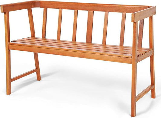 RELAX4LIFE 2-Person Wooden Outdoor Bench - Eucalyptus Wood Patio Garden Bench with Backrest, Armrests & Slatted Seat for Poolside Deck Backyard Balcony Park Front Porch, 800 LBS Weight Capacity
