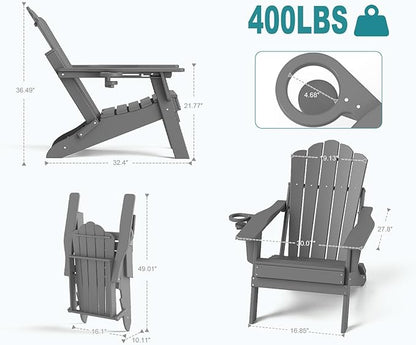FOOWIN HDPE Adjustable Adirondack Chair Set of 8, 400lbs Heavy Duty Folding Patio Chairs with Cup Holder, 3-Position Reclining Fire Pit Seating, All-Weather Poly Lumber for Backyard, Deck - Grey