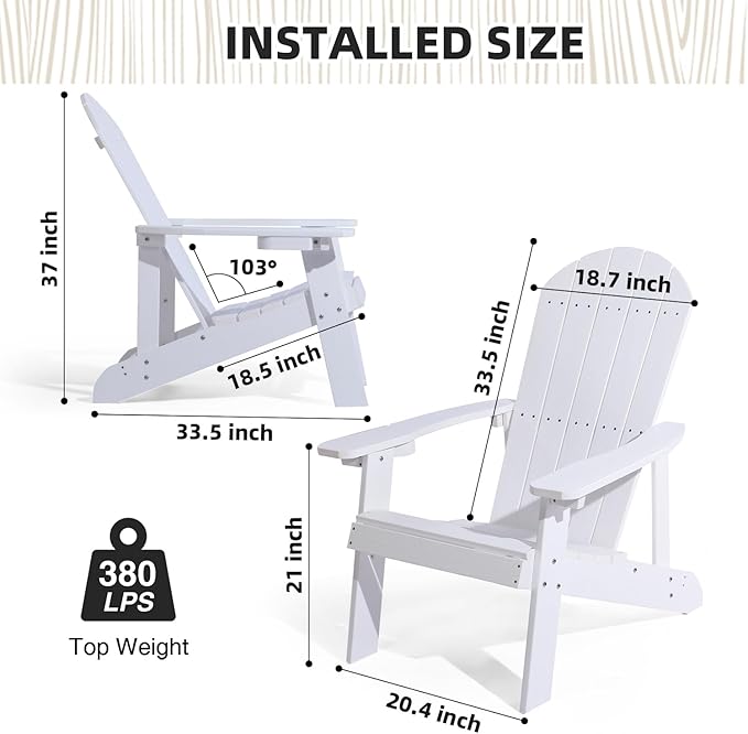 Adirondack Chair, All Weather Resistant Plastic Chairs with Cup Holder, 5 Easy Steps to Install, Outdoor Chairs for Patio, Garden, Backyard Deck, Lawn, Fire Pit - White