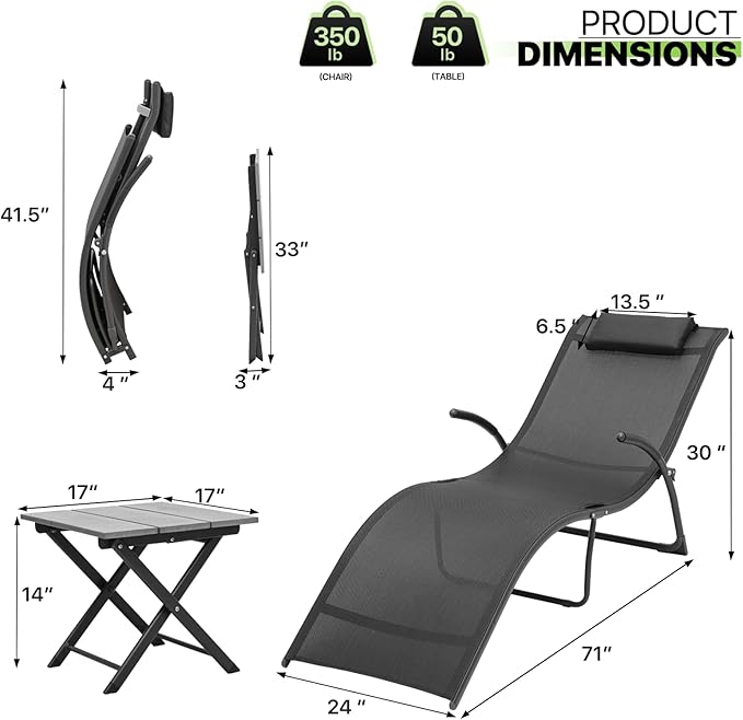 Magshion Outdoor Chaise Lounge Chair Set of 2 with Folding Side Table - Photo 3